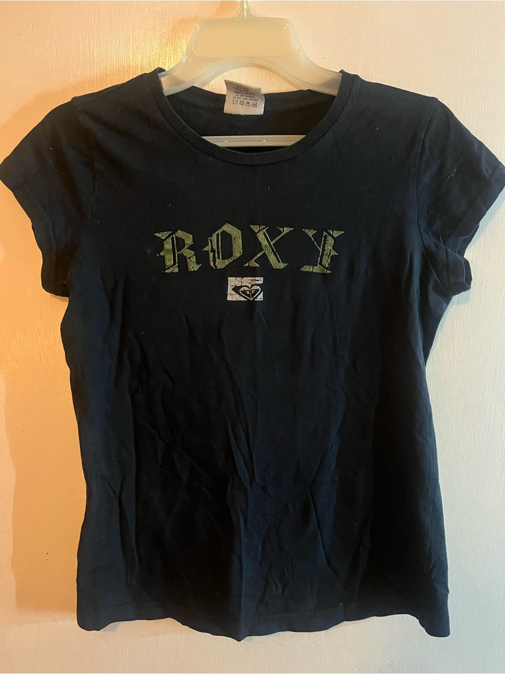 Roxy Black Tee with Olive Logo Print